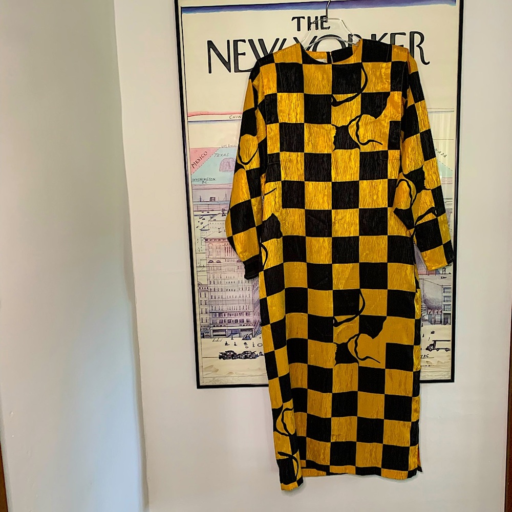Vintage yellow and black check dress with pockets abstract print side slit S 6